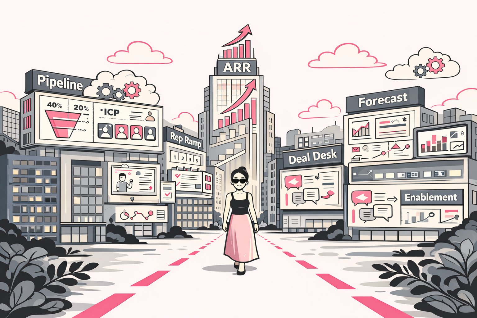 Minh Le walking confidently through an enterprise sales cityscape with billboards showing Pipeline, ARR, Forecast, and Deal Desk